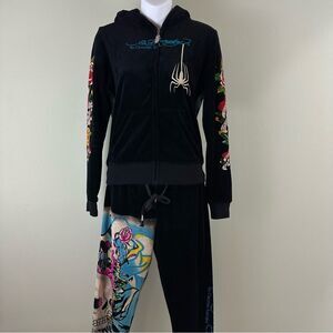 Y2K Skull Bling RARE Ed Hardy Back Design 2 Piece Matching Track Suit Set